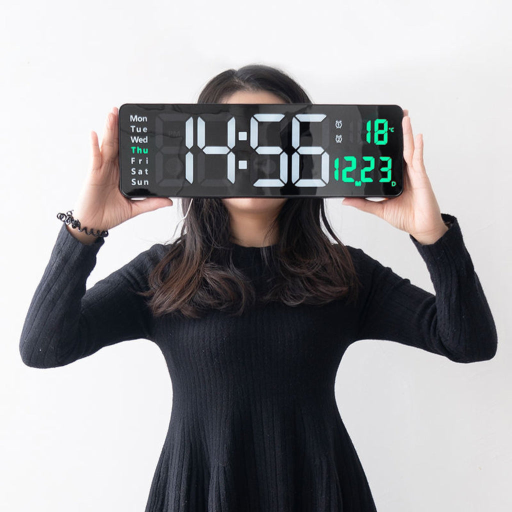 16 inh Large LED Digital Wall Clock Remote Control Temp Date Week Display Memory Table Wall-mounted Dual Electronic Alarms Clocks