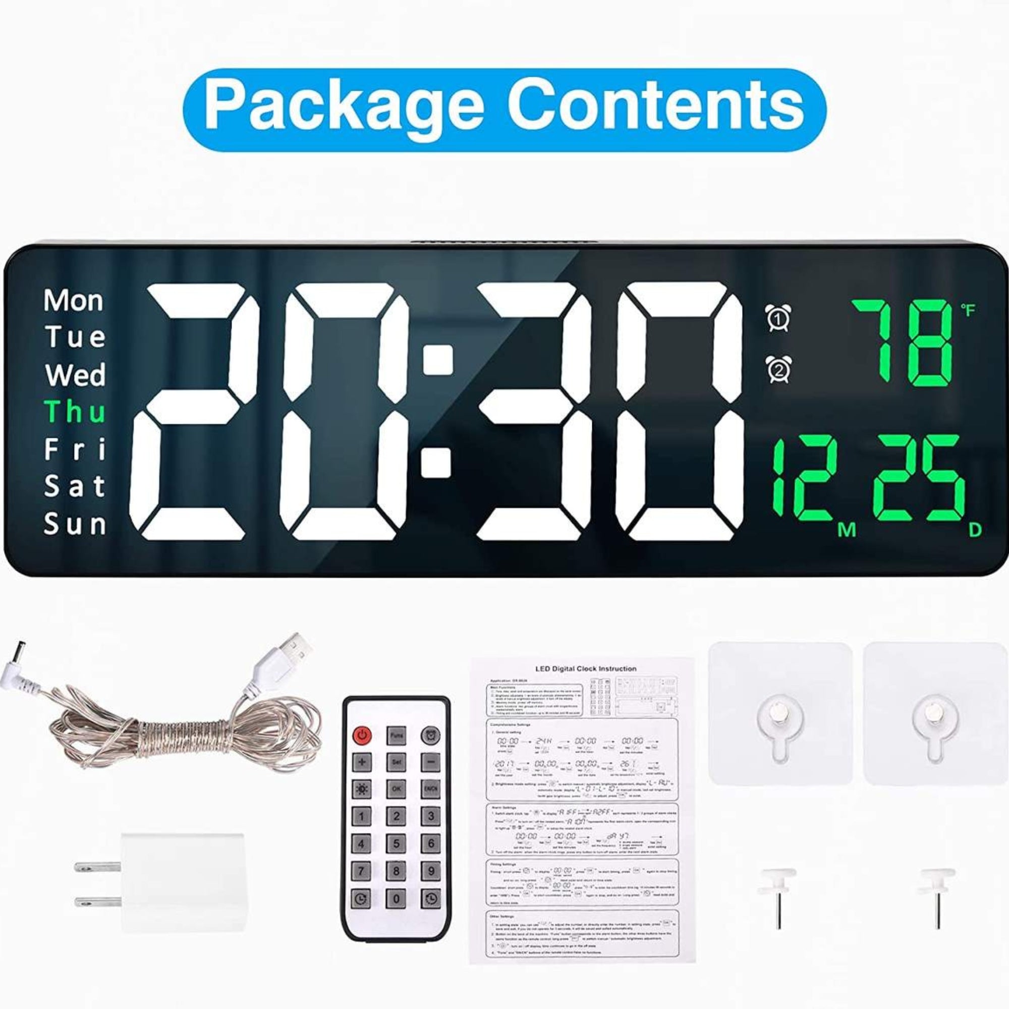 16 inh Large LED Digital Wall Clock Remote Control Temp Date Week Display Memory Table Wall-mounted Dual Electronic Alarms Clocks