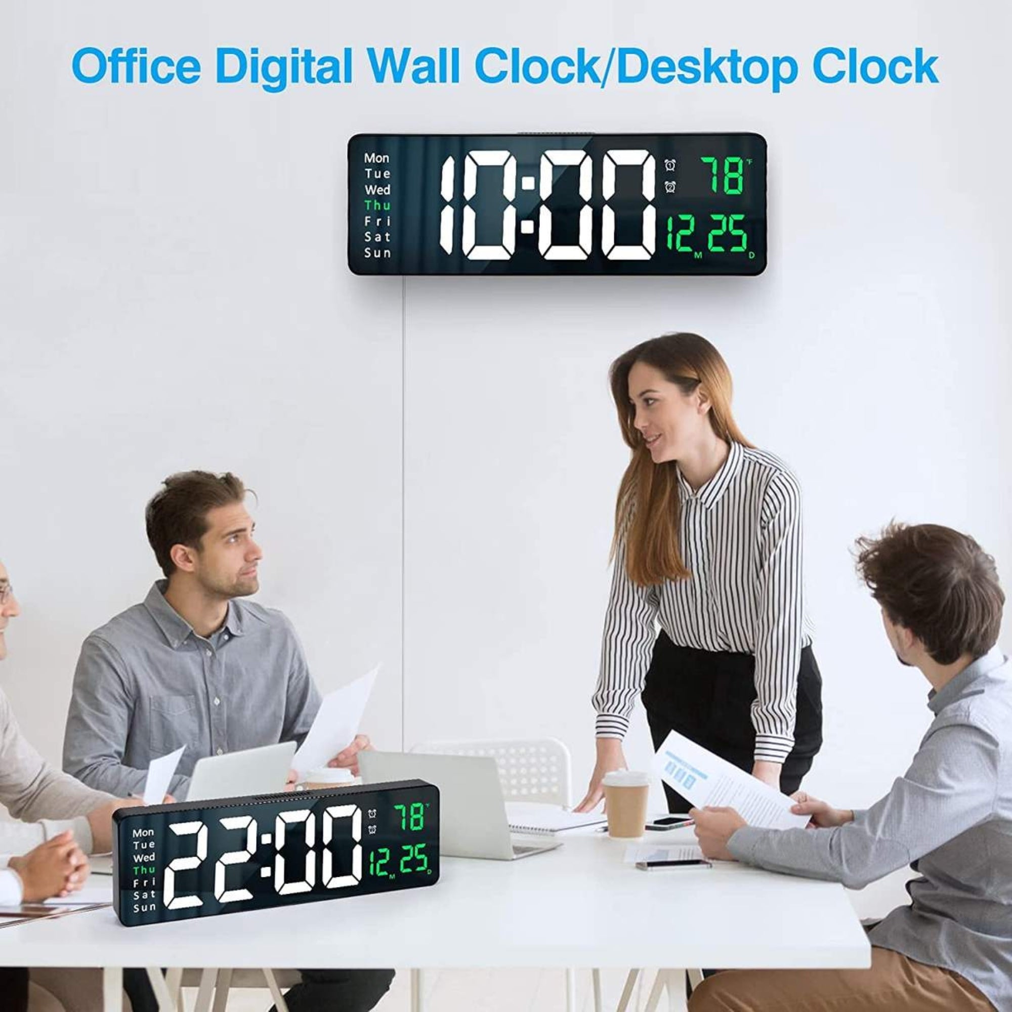 16 inh Large LED Digital Wall Clock Remote Control Temp Date Week Display Memory Table Wall-mounted Dual Electronic Alarms Clocks