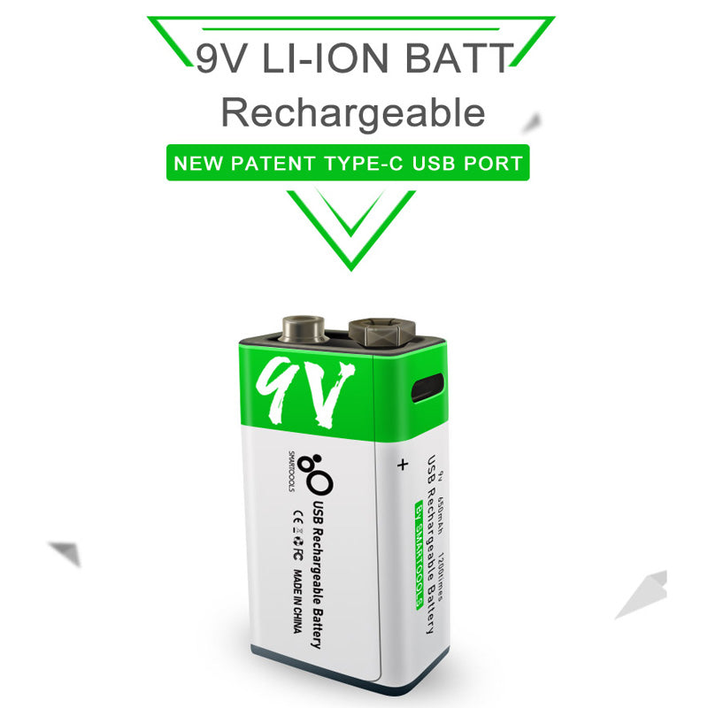Smartoools 9V Lithium-Ion Type-C Rechargeable Batteries 1 Pcs