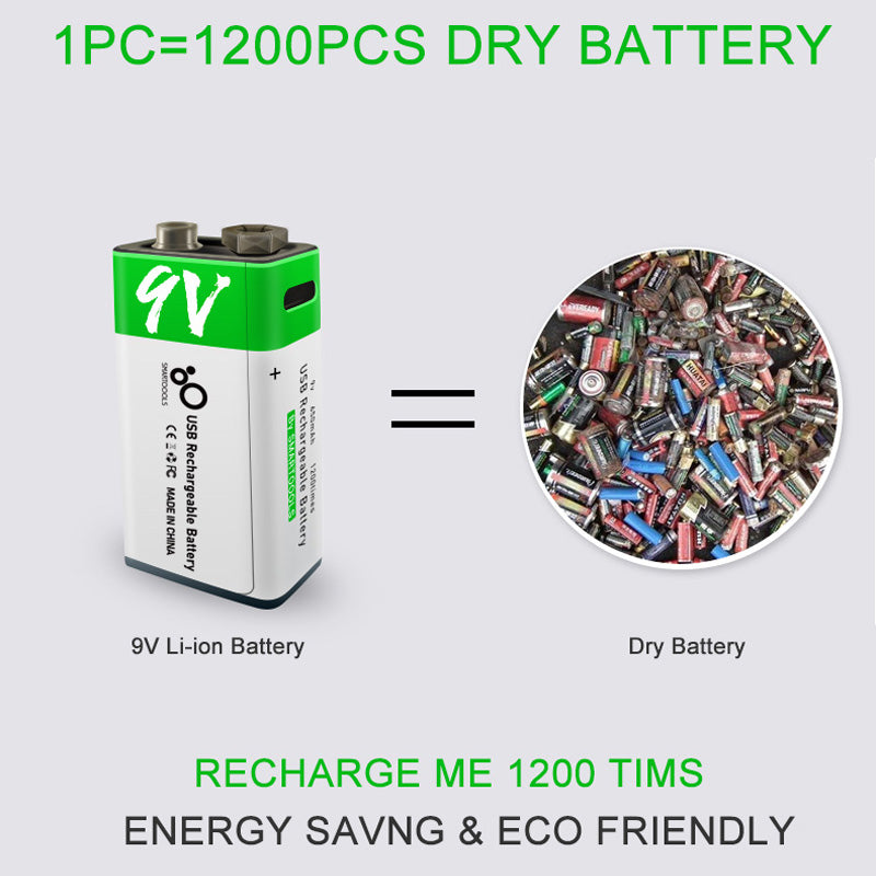 Smartoools 9V Lithium-Ion Type-C Rechargeable Batteries 1 Pcs