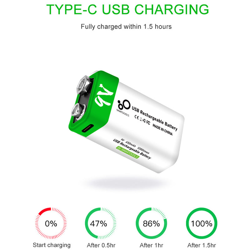 Smartoools 9V Lithium-Ion Type-C Rechargeable Batteries 1 Pcs