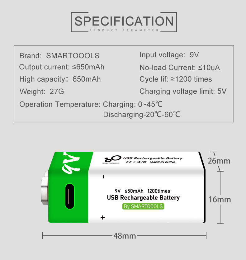 Smartoools 9V Lithium-Ion Type-C Rechargeable Batteries 1 Pcs