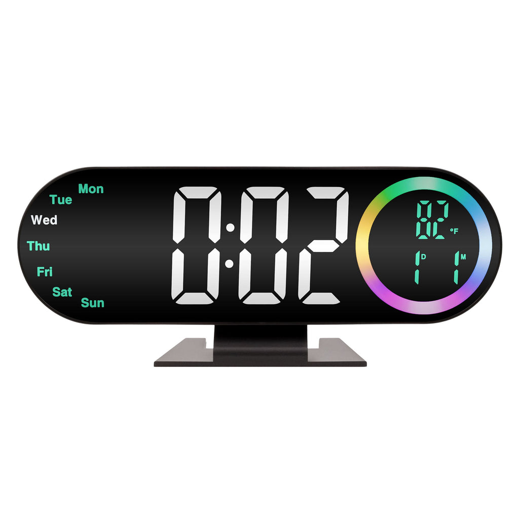 LED Digital Table Desk Mirror Alarm Clock with Date Week Temperature Display Colorful Ambient Nightlight