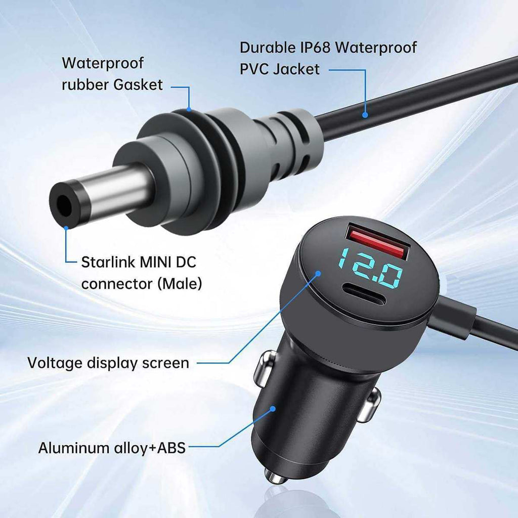 For Starlink Mini Car Charger DC Power Cable Cigarette Lighter 12V-48V with Digital Display Durable USB-C 140W USB-A 35W Ports