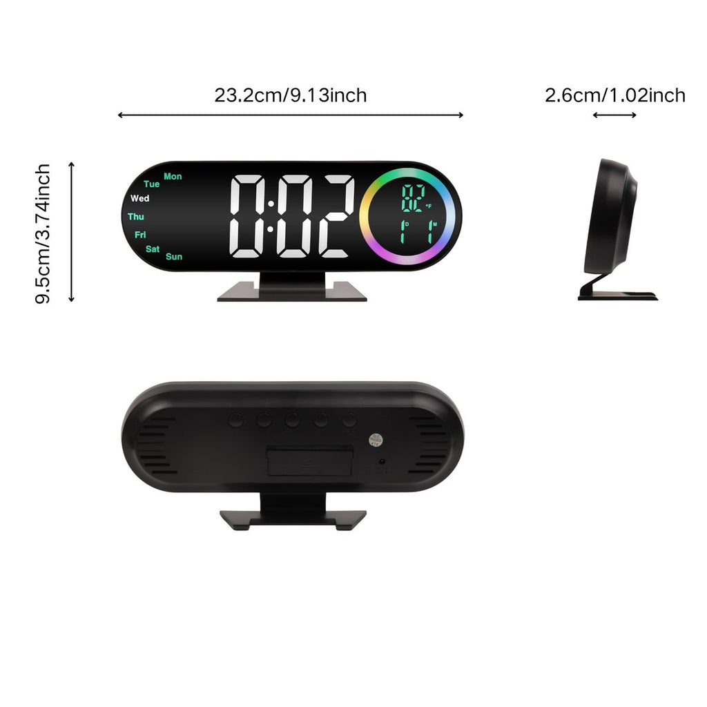 LED Digital Table Desk Mirror Alarm Clock with Date Week Temperature Display Colorful Ambient Nightlight