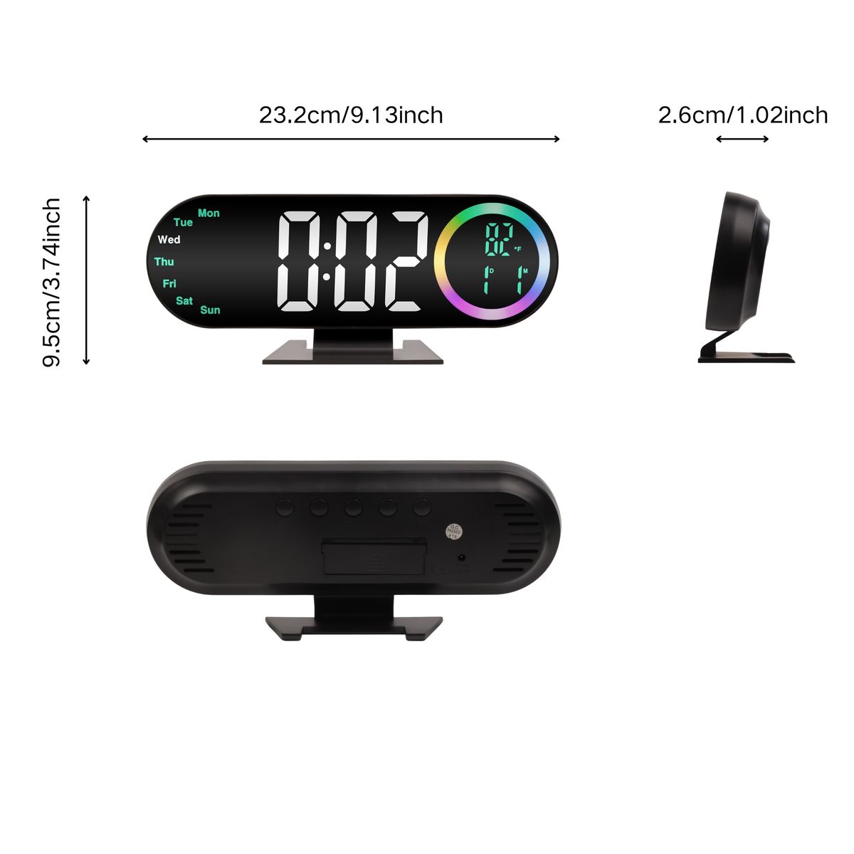 LED Digital Table Desk Mirror Alarm Clock with Date Week Temperature Display Colorful Ambient Nightlight