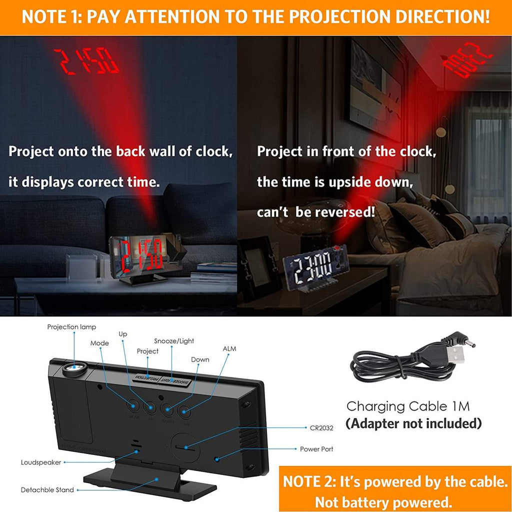 LED Digital Projection Alarm Clock – Ceiling Time Display, Dual Alarm, Snooze Function & Mirror Surface for Bedroom Use