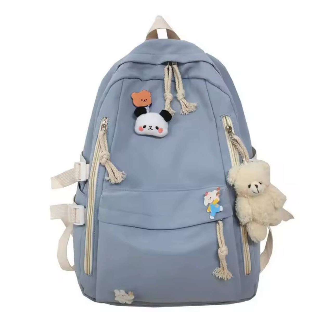 New Korean Style Cute Girls Backpack – High Quality Schoolbag for High School & College Students with Bear Keychain & Cartoon Pins