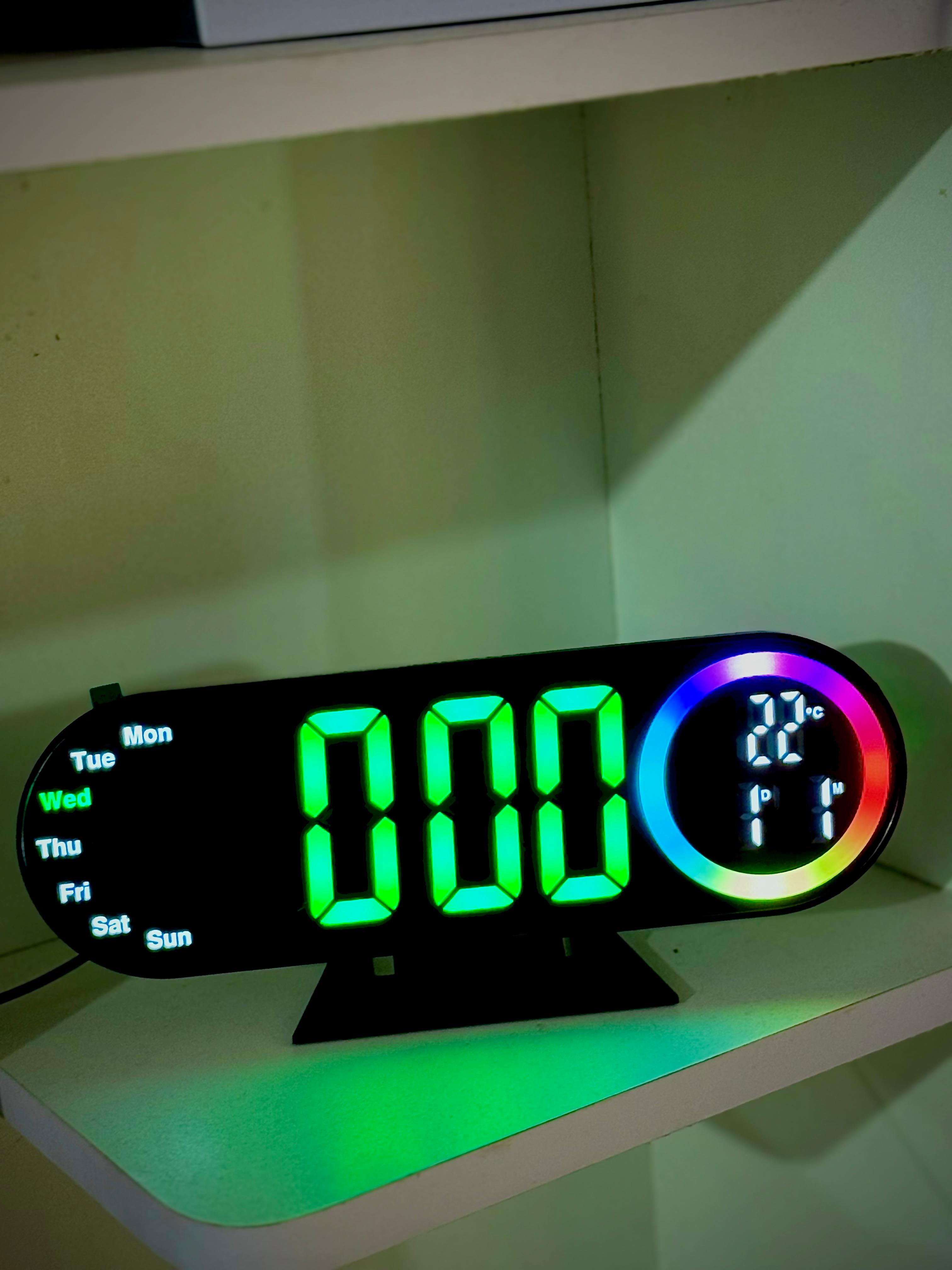 LED Digital Table Desk Mirror Alarm Clock with Date Week Temperature Display Colorful Ambient Nightlight